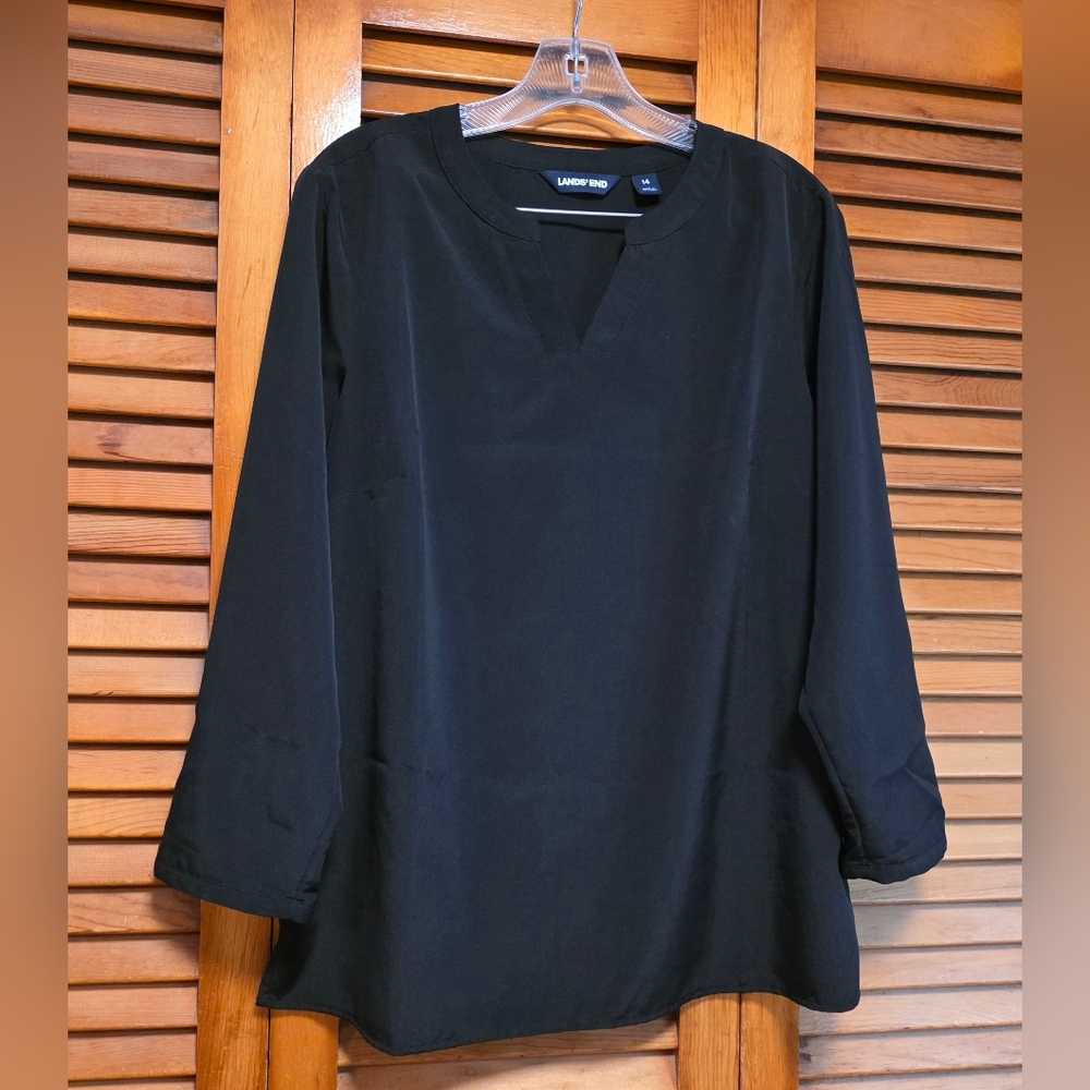 Lands End Black Tunic V-Neck Long Sleeves Tab Sleeves Womem's Size 14